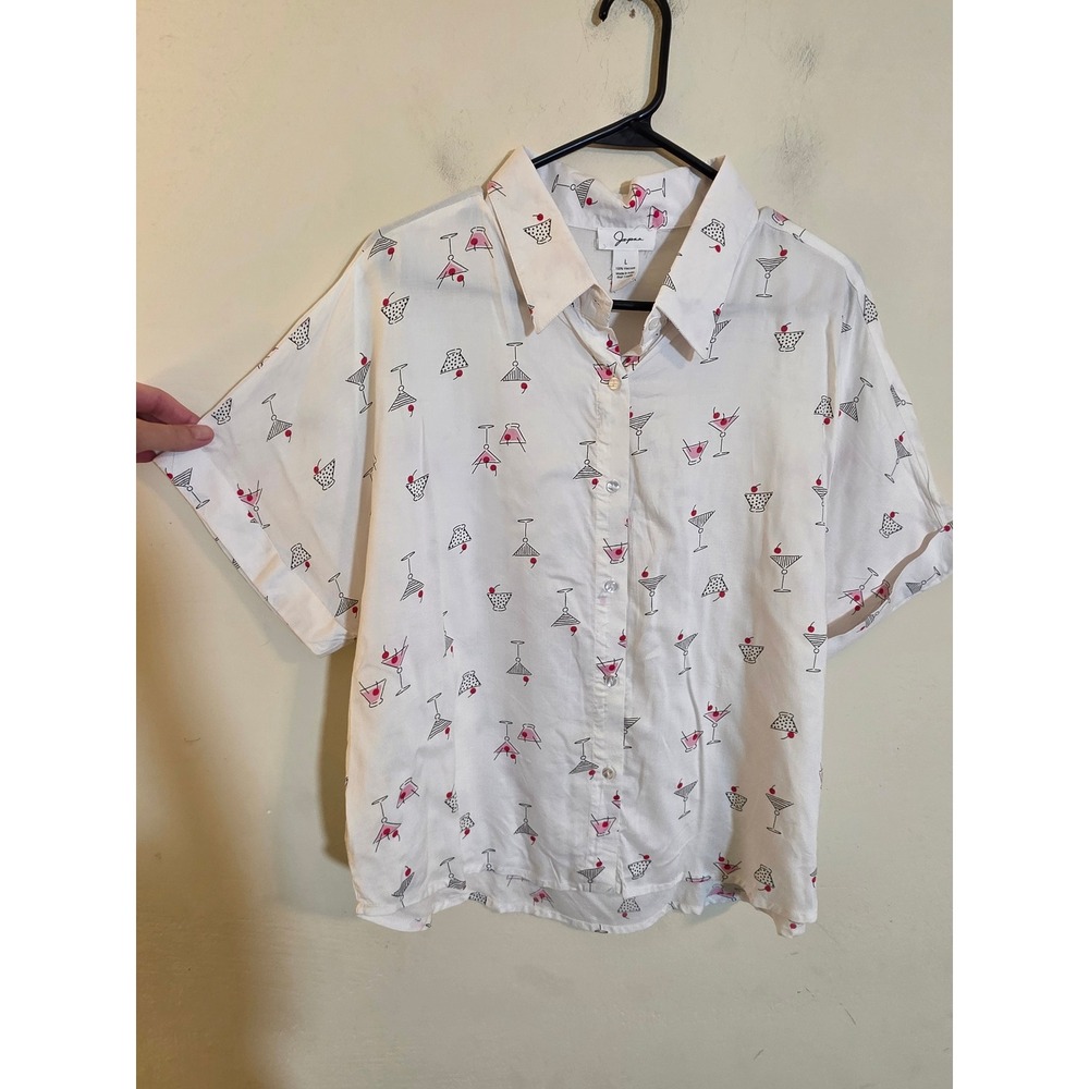 Japna Womens Large White Cocktail Martini Glass Print Viscose Button Up Blouse